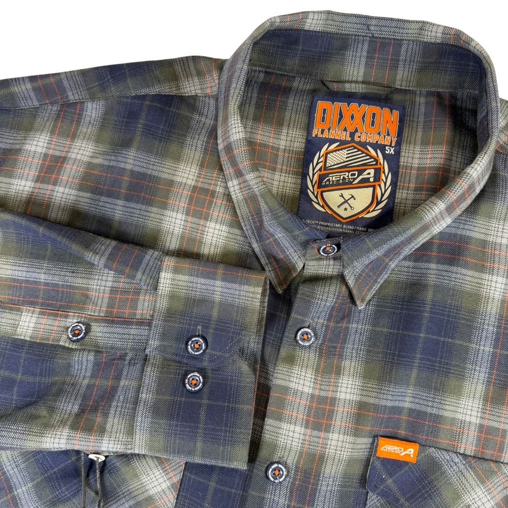 Dixxon Flannel Co Aero Precision Plaid Shirt Mens 5X Blue Grey Orange D-Tech NWT